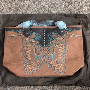 Studded Brown Western Tote with Turquoise Embroidery